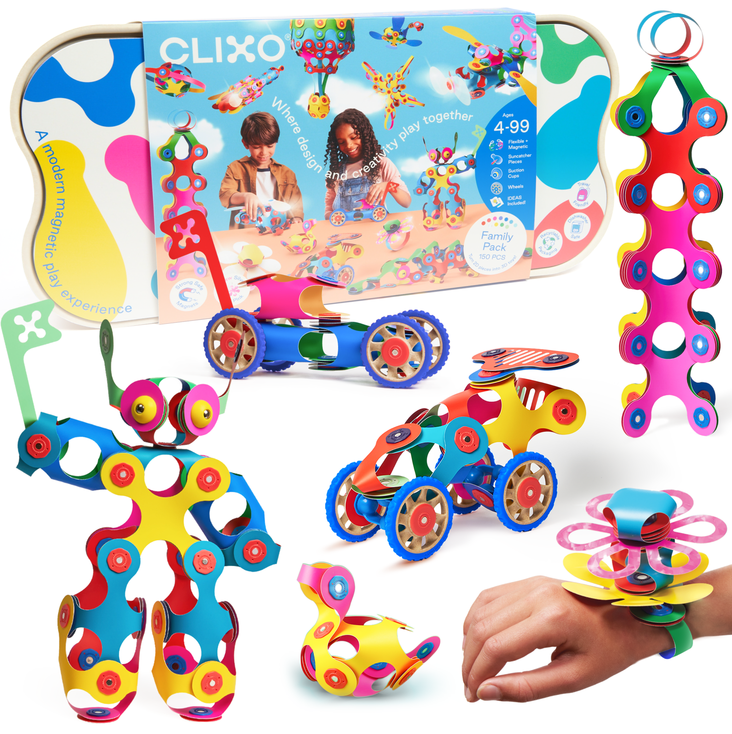 Clixo Family Pack and Expedition Bundle packaging with toy structures in the background.