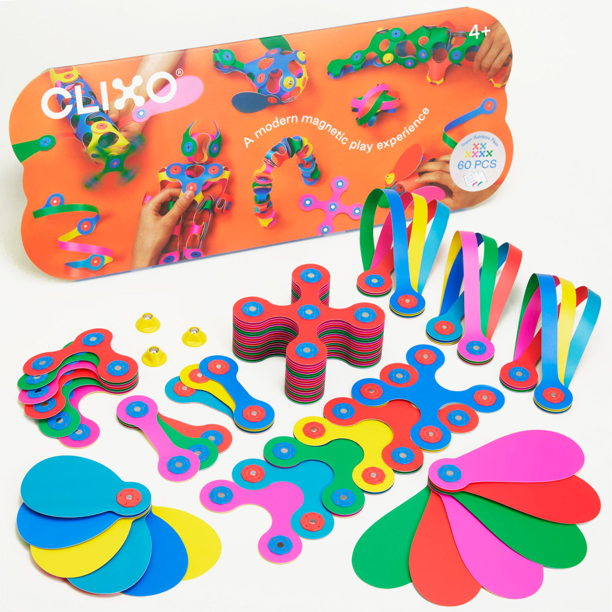 Clixo Super Rainbow Pack with various colorful magnetic toy structures showcasing 60 pieces.