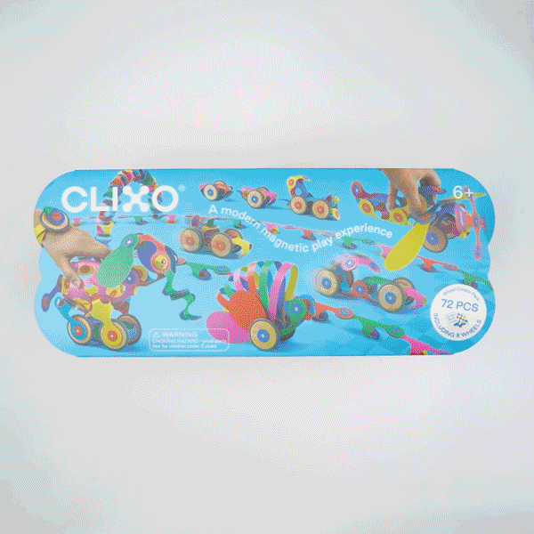 Clixo Wheel Creator Pack with various rolling toy creations made of colorful magnetic pieces.