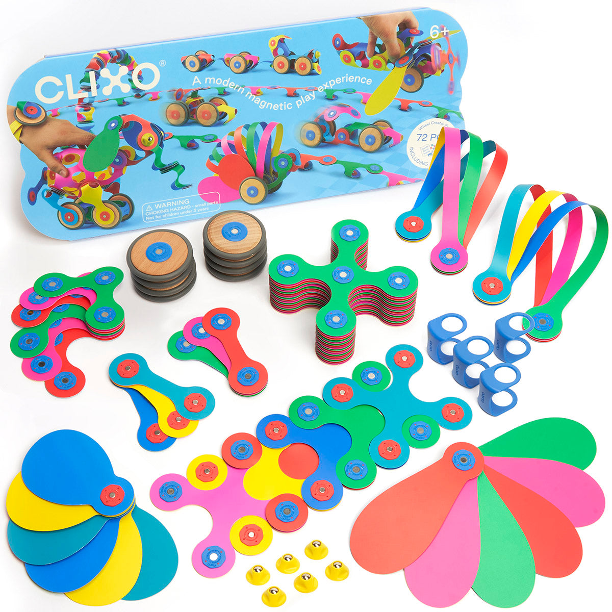 Clixo Wheel Creator Pack with various rolling toy creations made of colorful magnetic pieces.