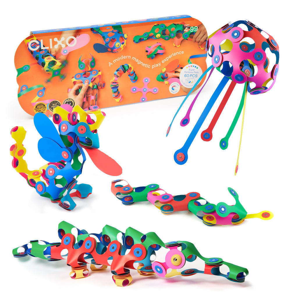 Clixo Super Rainbow Pack with various colorful magnetic toy structures showcasing 60 pieces.
