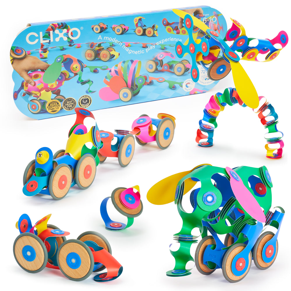 Clixo Wheel Creator Pack with various rolling toy creations made of colorful magnetic pieces.