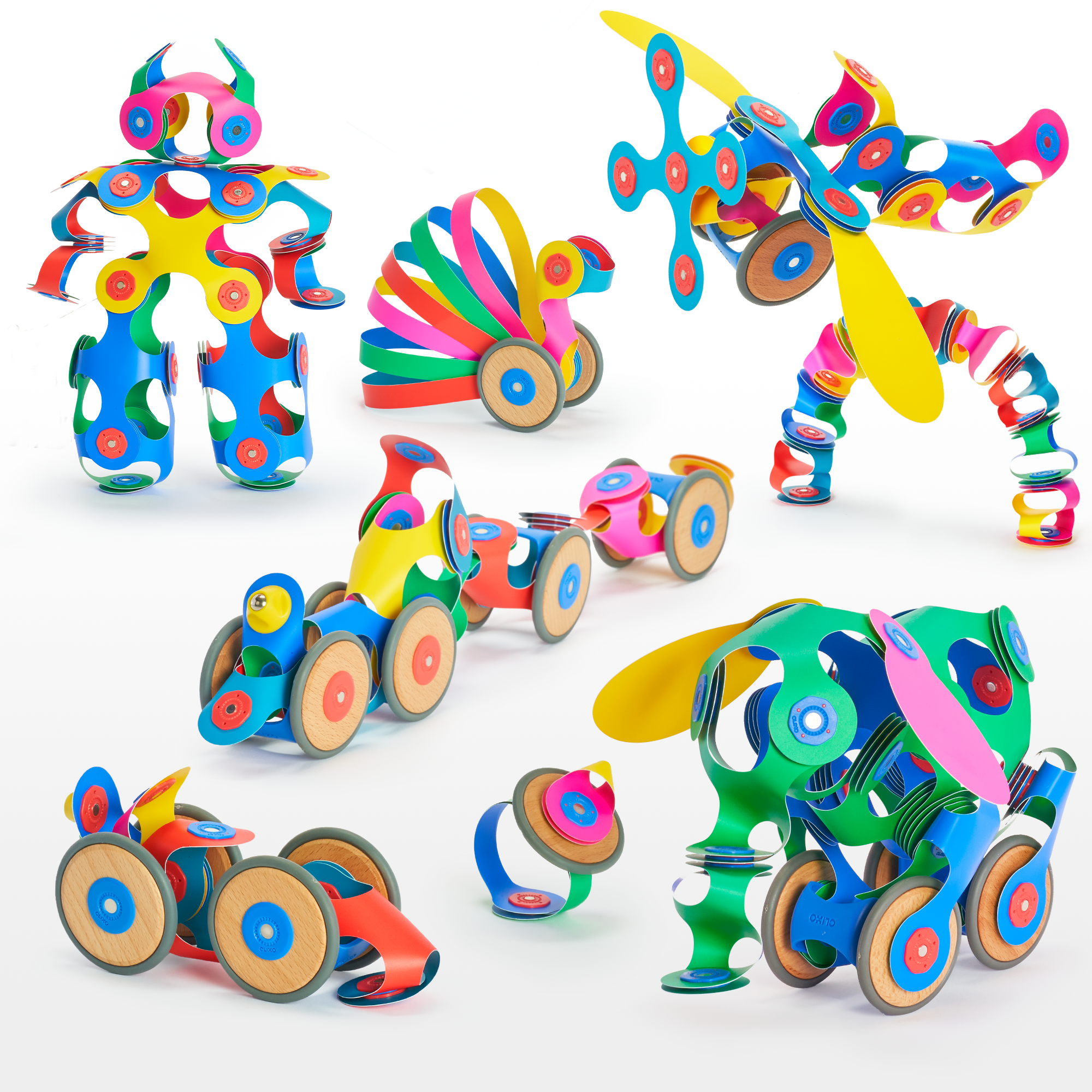 Clixo Wheel Creator Pack with various rolling toy creations made of colorful magnetic pieces.