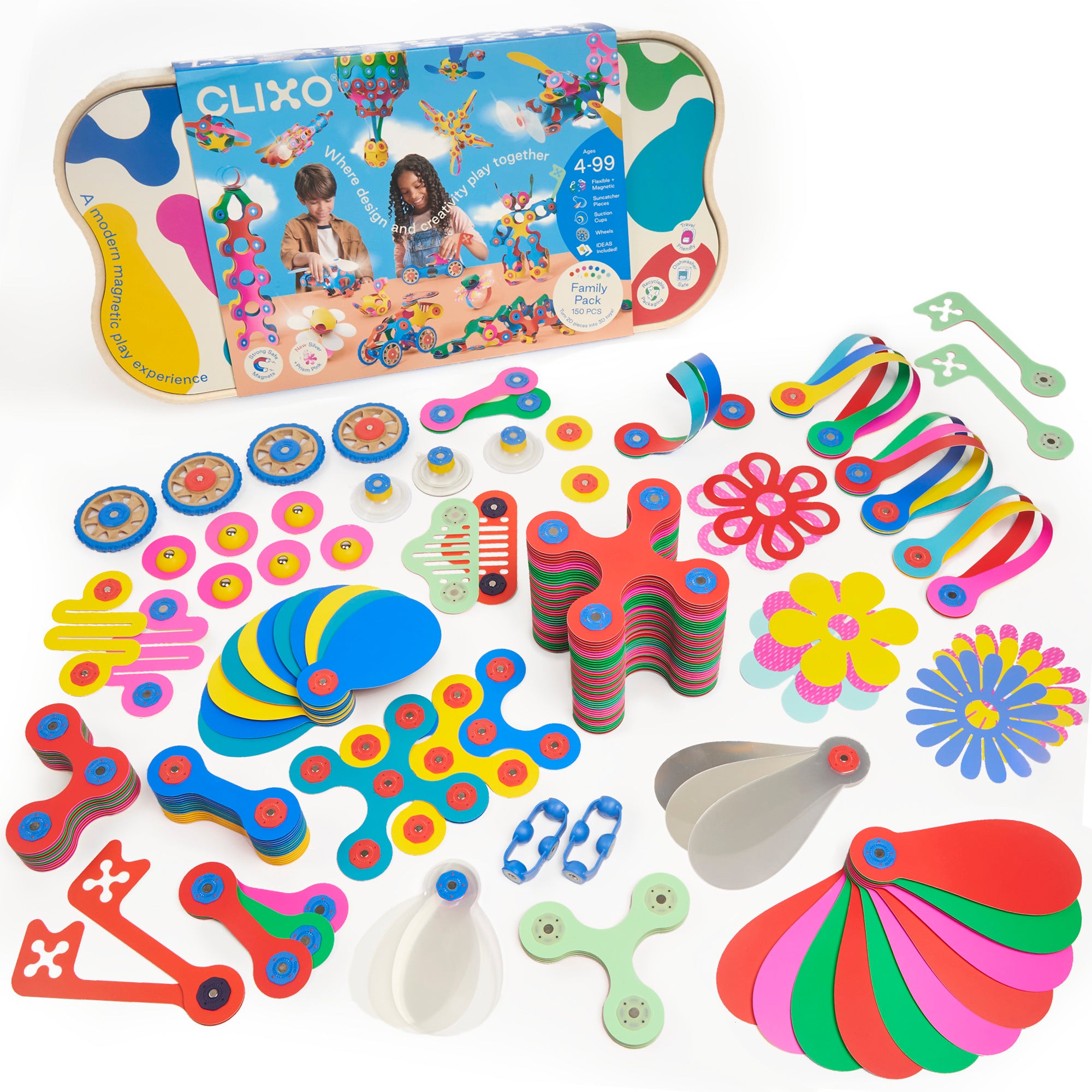 Clixo Family Pack and Expedition Bundle packaging with toy structures in the background.